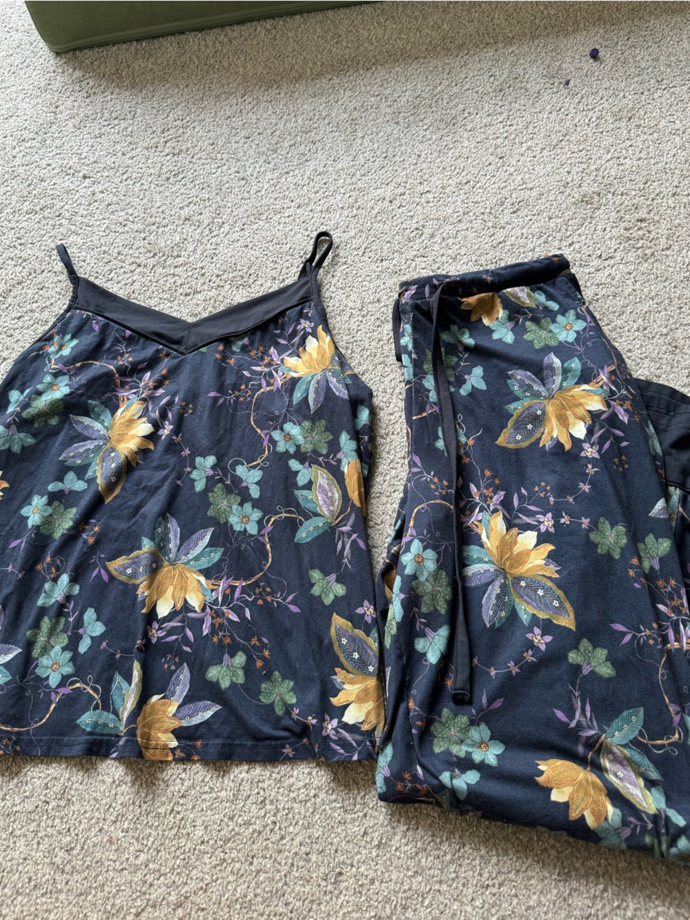 Primark Black Floral Cami Pajama Set with Yellow & Teal Flowers